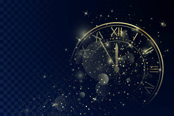 Golden Clock Dial with Roman Numbers on Magic Christmas Glitter Background. New Year Countdown and chimes. Five minutes before twelve. Vector Golden Clock Dial with Roman Numbers on Magic Christmas Glitter Background. New Year Countdown and chimes. Five minutes before twelve. Vector midnight stock illustrations
