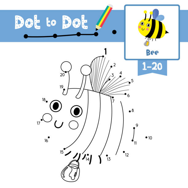 kropka do kropki gry edukacyjnej i kolorowanka bee latające ze słoikiem miodu zwierząt kreskówki charakter ilustracji wektorowej - counting instrument stock illustrations