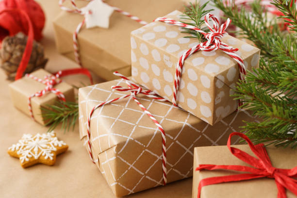 istock Stack of handcrafted gift boxes and decoration for Christmas. 1185187174