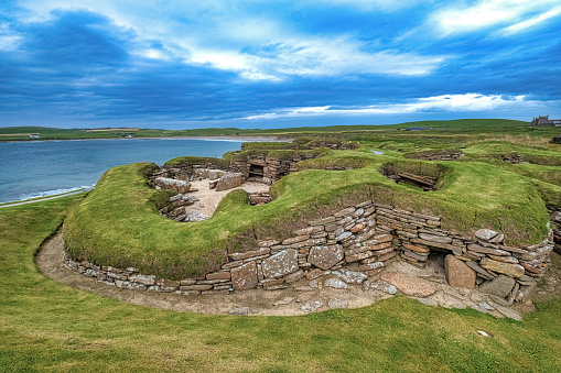 Skara Brae, a stone-built Neolithic settlement on the Bay of Skaill on the Mainland, the largest island in the Orkney archipelago of Scotland.