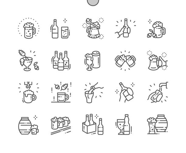 ilustrações, clipart, desenhos animados e ícones de craft beer bem trabalhada pixel perfect vector thin line ícones 30 2x grid para web graphics e apps. pictograma mínimo simples - cans toast