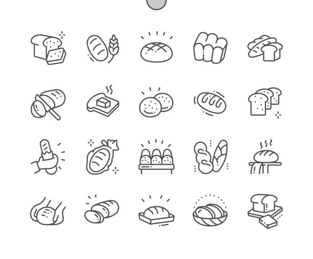 ilustraciones, imágenes clip art, dibujos animados e iconos de stock de pan bien elaborado pixel perfect vector thin line iconos 30 2x cuadrícula para gráficos web y aplicaciones. pictograma mínimo simple - baking food cookie breakfast