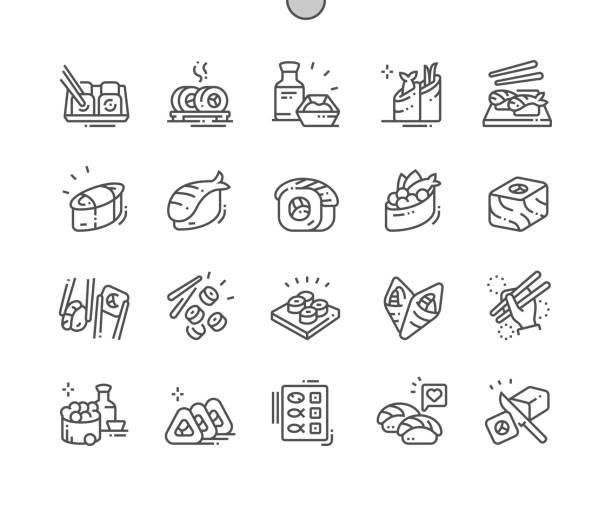 sushi dobrze spreparowane pixel perfect vector thin line icons 30 2x grid for web graphics and apps. prosty minimalny piktogram - uramaki stock illustrations