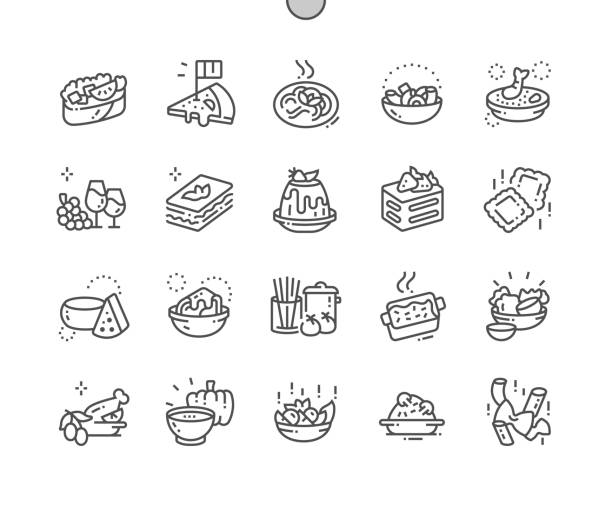 итальянская кухня хорошо продуманный pixel perfect вектор тонкая линия иконки 30 2x сетка для веб-графики и приложений. простой минимальный пиктог� - food italian culture salad spaghetti stock illustrations
