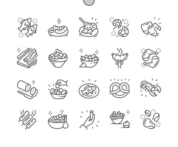 illustrazioni stock, clip art, cartoni animati e icone di tendenza di pub food pixel perfect vector thin line icons 30 2x grid for web graphics and apps. pittogramma minimale semplice - beer nuts