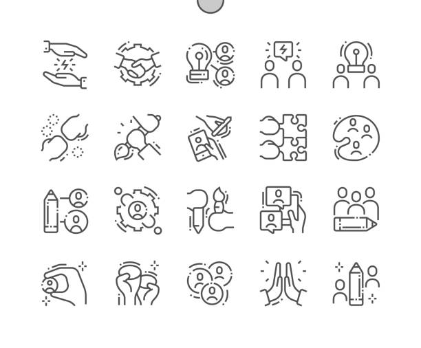 ilustrações de stock, clip art, desenhos animados e ícones de creative team well-crafted pixel perfect vector thin line icons 30 2x grid for web graphics and apps. simple minimal pictogram - people strength leadership remote