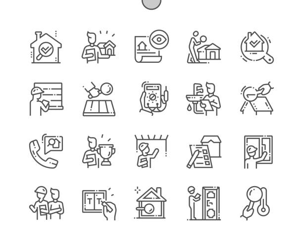 ilustrações de stock, clip art, desenhos animados e ícones de home inspections well-crafted pixel perfect vector thin line icons 30 2x grid for web graphics and apps. simple minimal pictogram - quality control examining house residential structure