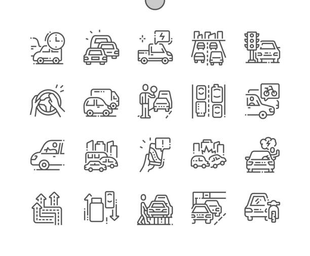 illustrazioni stock, clip art, cartoni animati e icone di tendenza di ingorghi pixel perfect vector thin line icons 30 2x grid ben realizzati per grafica web e app. pittogramma minimo semplice - traffic jam traffic car city