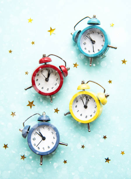 istock Flat lay Christmas composition with color clocks 1185195203