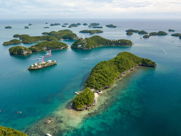 Scenic Panorama Drone Aerial Picture of the Hundred Islands National Park in Pangasinan, Philippines Shot with DJI Mavic Pro andaman sea photos stock pictures, royalty-free photos & images