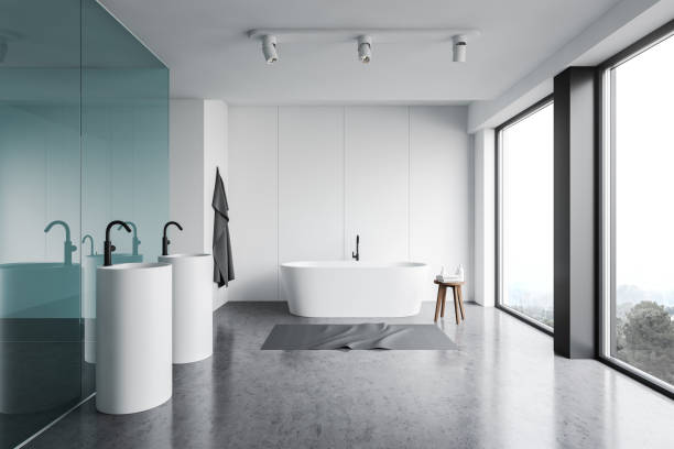 istock White and blue glass bathroom interior 1185197053