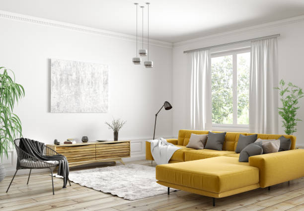 Interior design of modern Scandinavian apartment, living room 3d rendering Modern interior design of Scandinavian apartment, living room with yellow sofa, sideboard and black armchair 3d rendering modern stock pictures, royalty-free photos & images