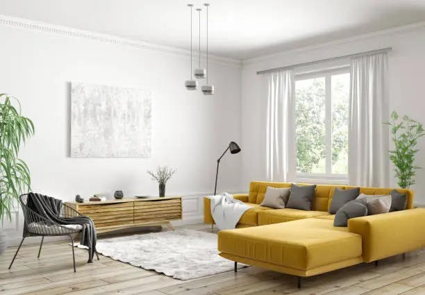 Modern interior design of Scandinavian apartment, living room with yellow sofa, sideboard and black armchair 3d rendering