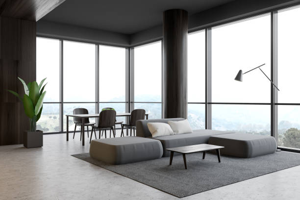 istock Panoramic gray living room with dining table 1185198502