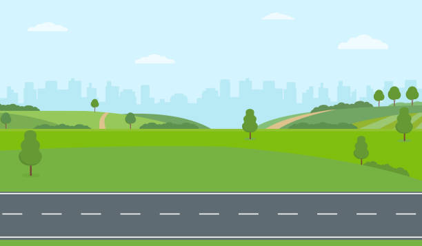 ilustraciones, imágenes clip art, dibujos animados e iconos de stock de camino vacío recto a través del campo en el fondo de la ciudad. colinas verdes, cielo azul, prado. - fondo de paisajes