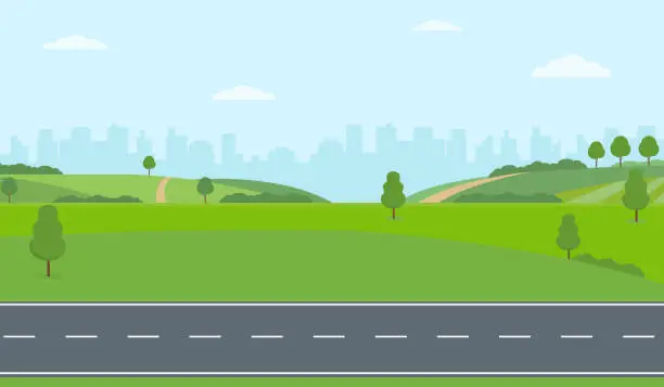 Vector illustration of Straight empty road through the countryside on city background. Green hills, blue sky, meadow.