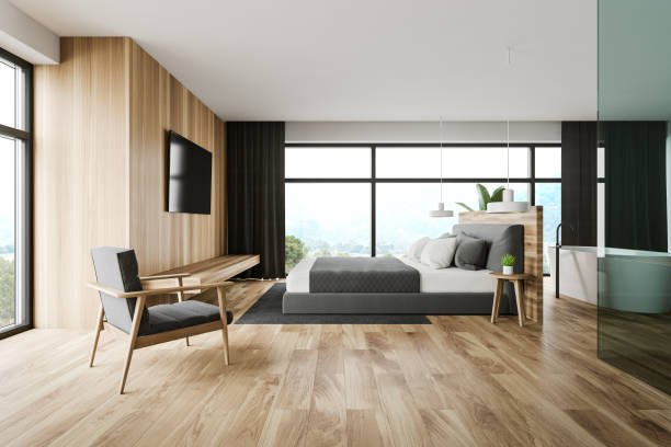 istock Wooden master bedroom and bathroom interior 1185199469