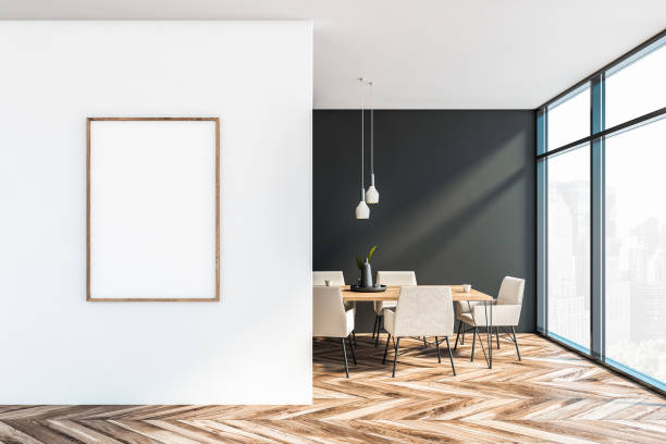 istock Gray and white dining room with poster 1185199538