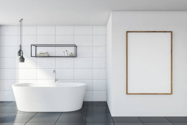 istock White tile bathroom with mock up poster 1185199914
