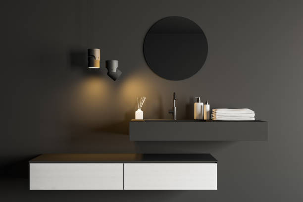 Close up of sink in gray bathroom
