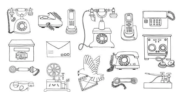 Vector illustration of Vector vintage means of communication line drawing set. Retro black and white collection of wired rotary dial telephone, radio phone, telegraph, receiver, pigeon post, letter, stamps