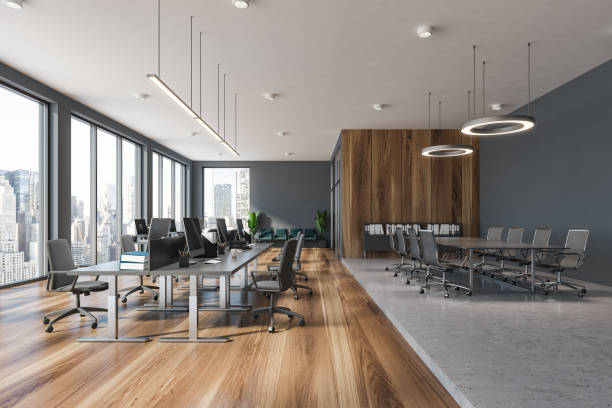 istock Gray and wooden panoramic office, conference room 1185201354