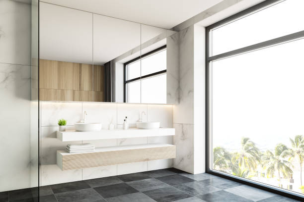 istock Double sink in white marble bathroom corner 1185202250
