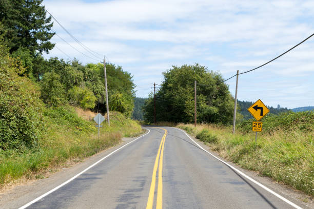 Long country highway with yellow lines down the centre and a caution sign indicating a left curve.