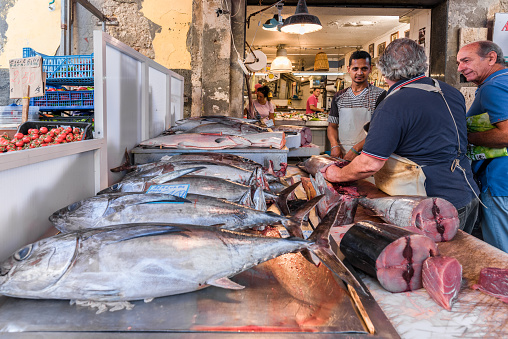 Syracuse Sicily/ Italy -JAugust 25 2018: Fish market of Syracuse Sicily in Ortigia