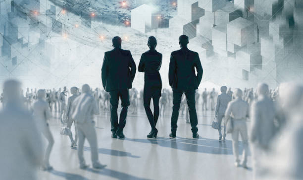 Team Corporate Responisibility Team Corporate responsibility 3D Render. Unrecognizable group of business people stand in the middle of the crowd as a symbol of a leadership. Composite with digital futuristic background organised group stock pictures, royalty-free photos & images