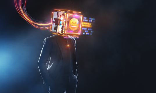 Businessman with smily emoji projection. 3D render futuristic concept