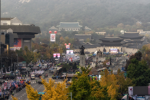 anti moon jae-in protest conservative rally in seoul, south korea. Main opposition Liberty Korea Party marching down from Gwanghwamun square in Seoul, South Korea. Taken on November 2nd 2019.