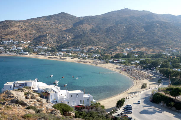 istock Top view from hill on a clean empty Greek beach in Ios, Greece 1185210198