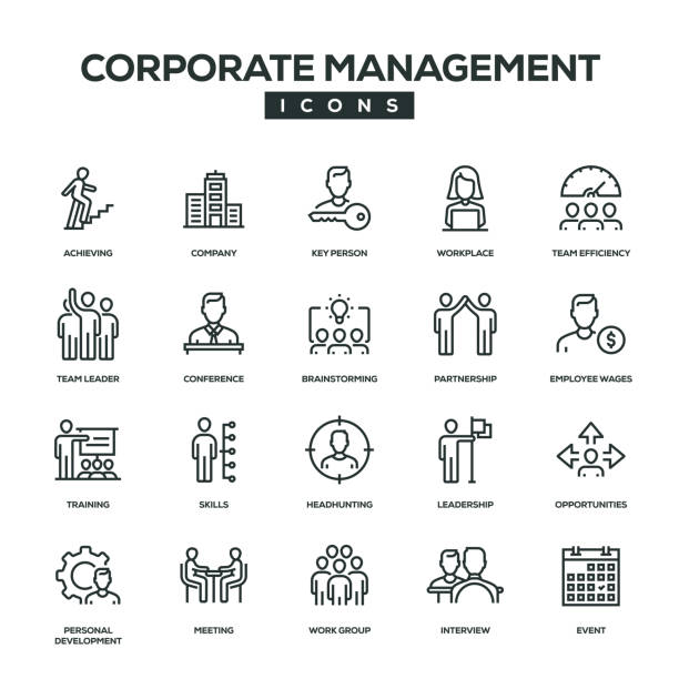 ilustraciones, imágenes clip art, dibujos animados e iconos de stock de conjunto de iconos de línea de gestión corporativa - agreement businesswoman togetherness opportunity