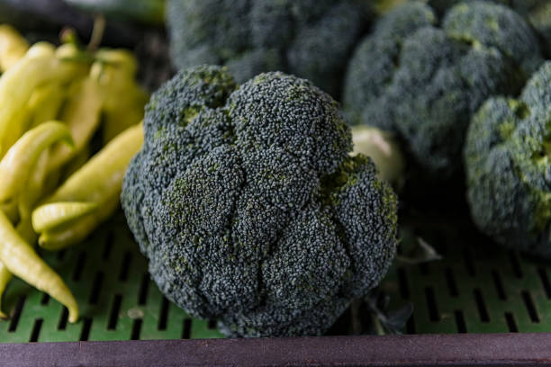 Close-up View at the Fresh and Delicious Organic Broccoli at the Farmers Market.