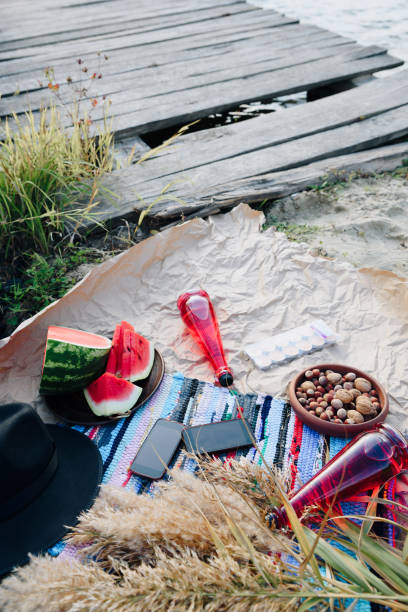 istock river picnic with lemonade and nuts and watermelon 1185217658