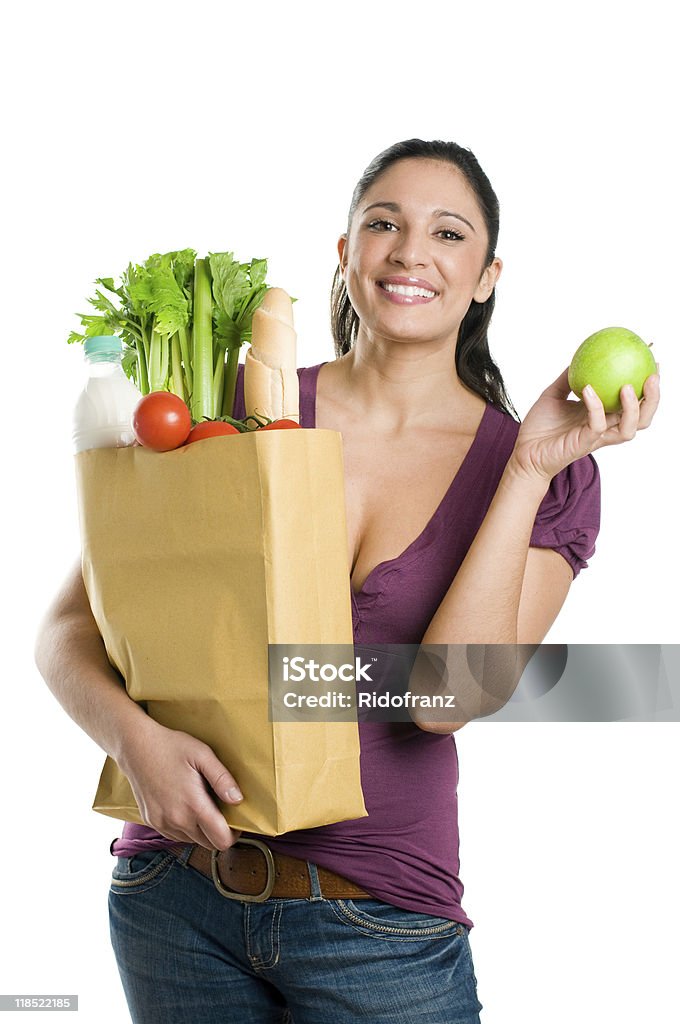 Junge Frau mit Lebensmittelgeschäft Tasche und green apple - Lizenzfrei Abnehmen Stock-Foto