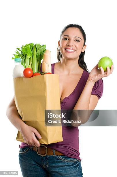 Junge Frau Mit Lebensmittelgeschäft Tasche Und Green Apple Stockfoto und mehr Bilder von Abnehmen