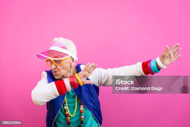 Funny Grandmother Portraits 80s Style Outfit Trapstar Taking A Selfie On Colored Backgrounds Concept About Seniority And Old People Stock Photo - Download Image Now