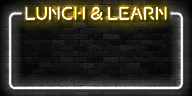 Vector realistic isolated neon sign of Lunch and Learn frame logo for template decoration and covering on the wall background. Vector realistic isolated neon sign of Lunch and Learn frame logo for template decoration and covering on the wall background. learning borders stock illustrations