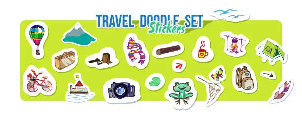Vector illustration of Summer holidays, ocean travel, mountain trip. Vector Set for summer time vacation. Set of stickers with sketch design element summer theme. Hand drawn doodle stickers with adventure objects.