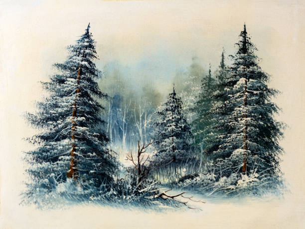 illustrations, cliparts, dessins animés et icônes de peinture hiver evergreen tree fond - backgrounds canvas cold color image