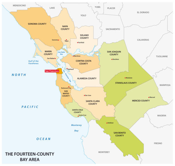 verwaltungskarte der kalifornischen region san francisco bay area - california map counties county stock-grafiken, -clipart, -cartoons und -symbole