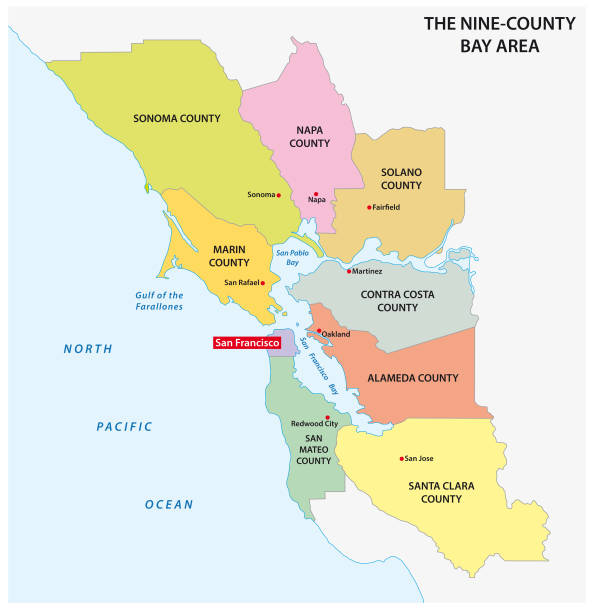 mapa administracyjna regionu kalifornii san francisco bay area - california san francisco bay area san francisco county northern california stock illustrations