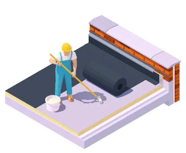 Vector illustration of Vector isometric worker at flat roof insulation