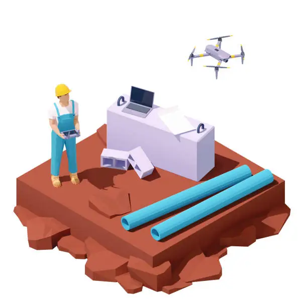 Vector illustration of Vector isometric drone survey at construction site