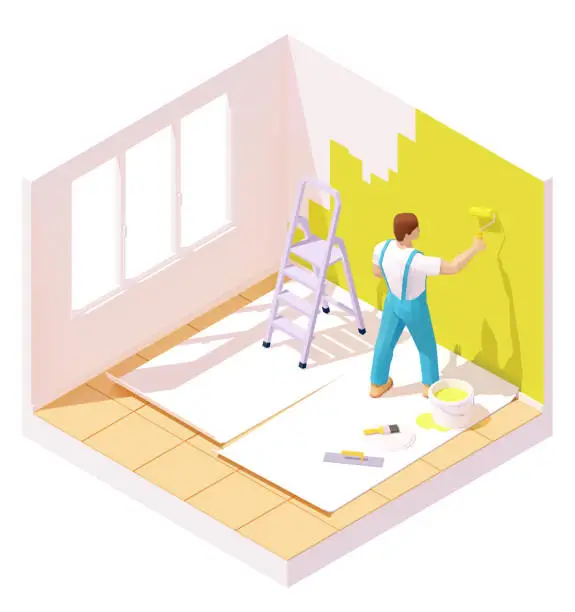 Vector illustration of Vector isometric painter painting room wall