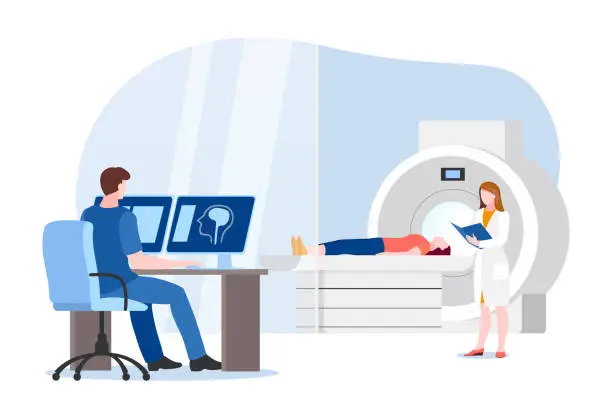 Vector illustration of Doctor and nurse prepare for magnetic resonance imaging scan of patient. Vector illustration. Mri medical diagnostic.