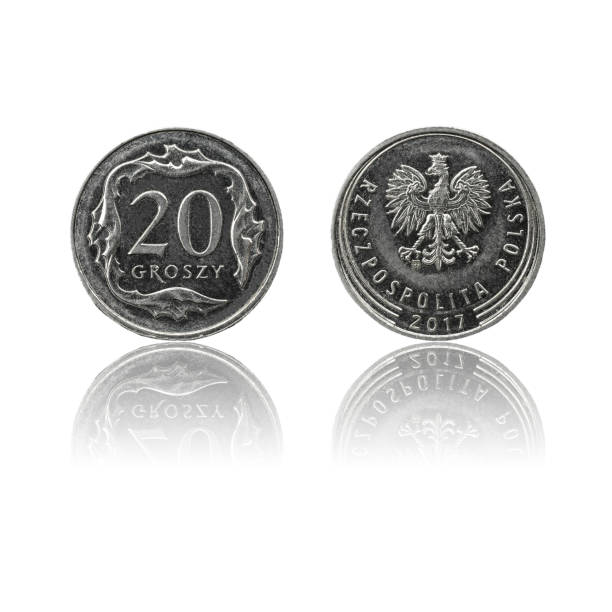 istock Polish currency 20gr coin isolated on white background with reflection. 1185229347
