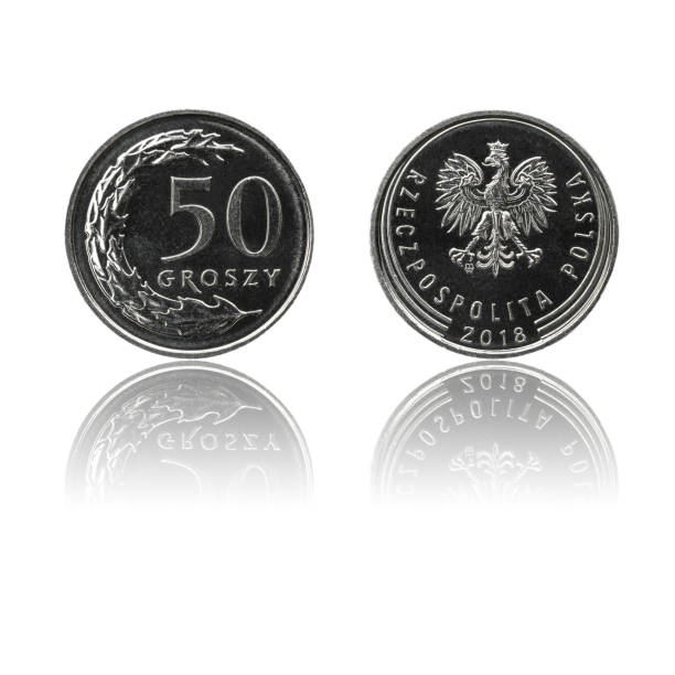 istock Polish currency 50gr coin isolated on white background with reflection. 1185229353